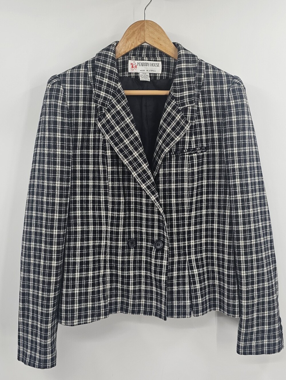 Vintage Jacket Blazer Wool Blend Black Plaid Size Large